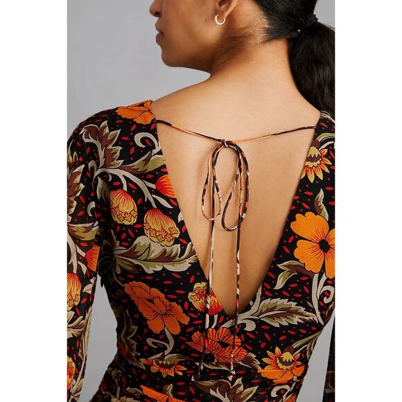 New Anthropologie Verb by Pallavi Floral Fringed Mini Dress $220 XS Brown Motif - Picture 2 of 5
